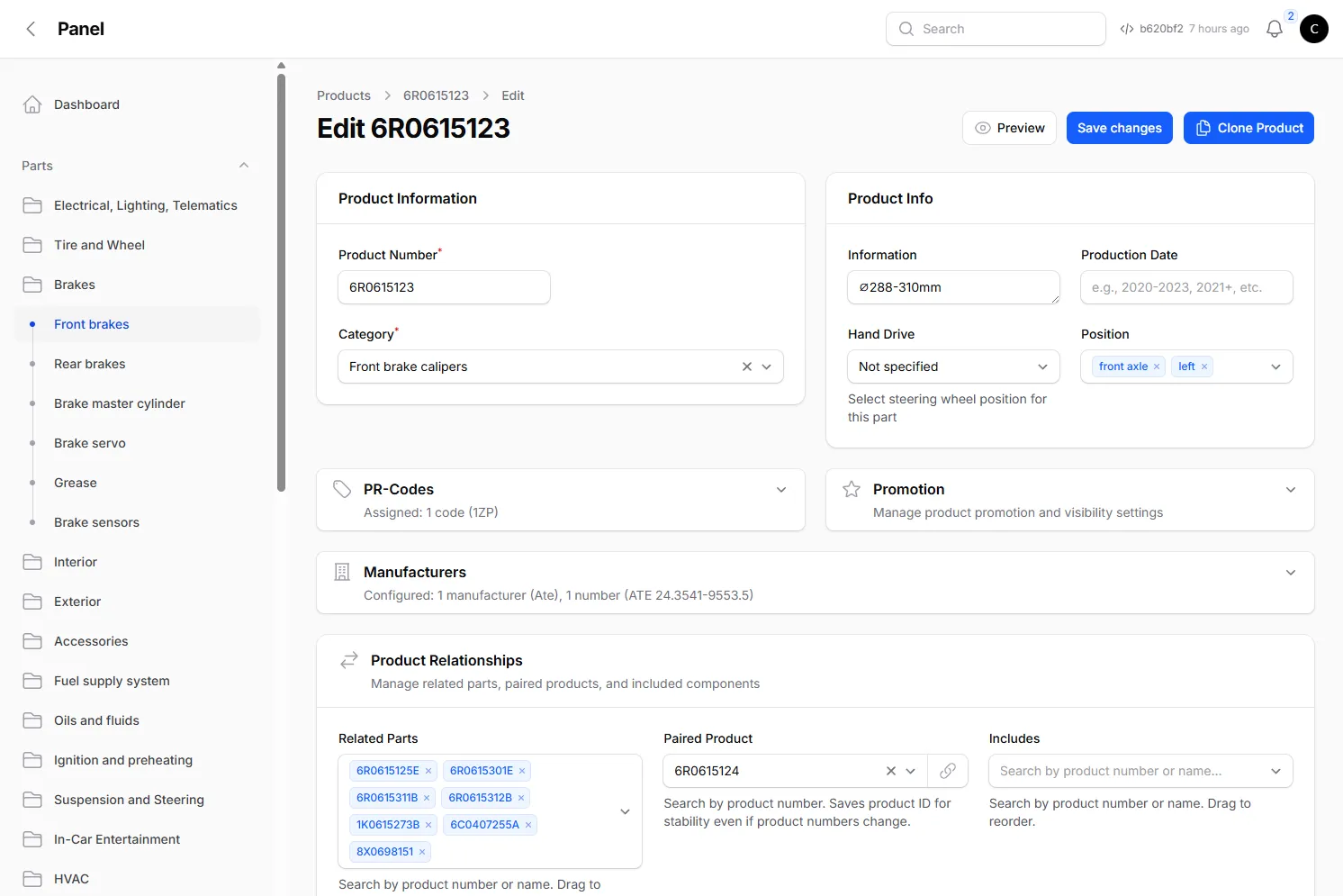 Product edit form with Product Information fields, PR Codes, Manufacturers and Translations sections