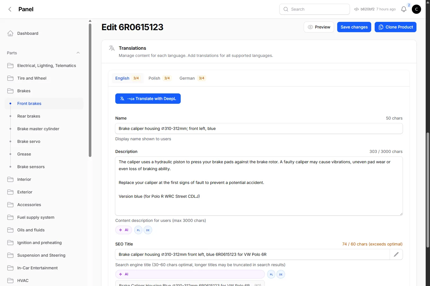 Product translation editor with EN/PL/DE flags, Translate with DeepL button and SEO title character counter