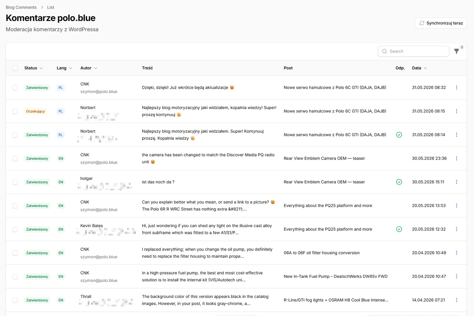 Headless WordPress comment moderation inside the Filament panel — table with status, language, author, content and linked post