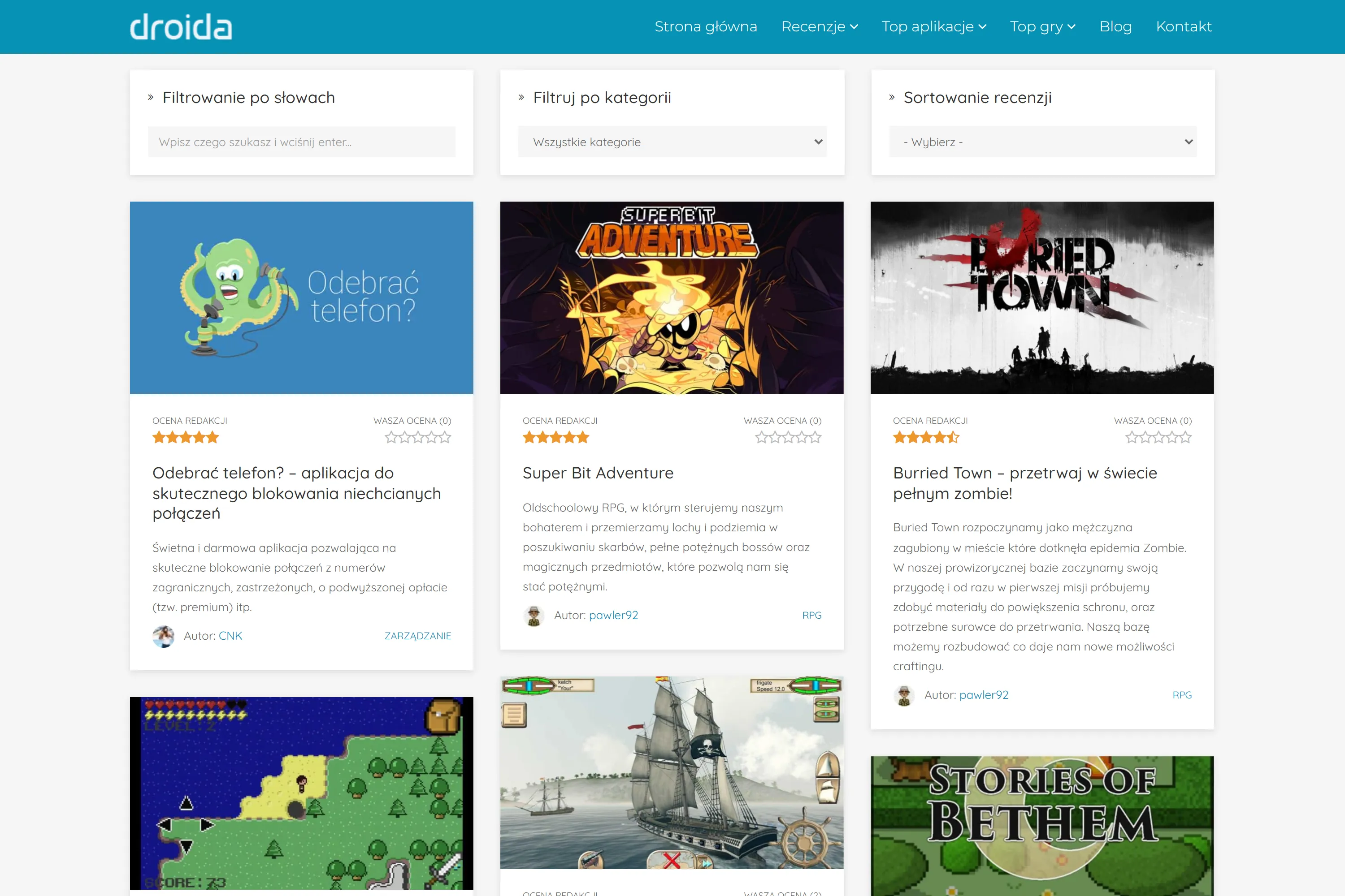 WordPress-powered review site for Android games and apps — featuring ratings, categories, and community content for the Polish mobile market.