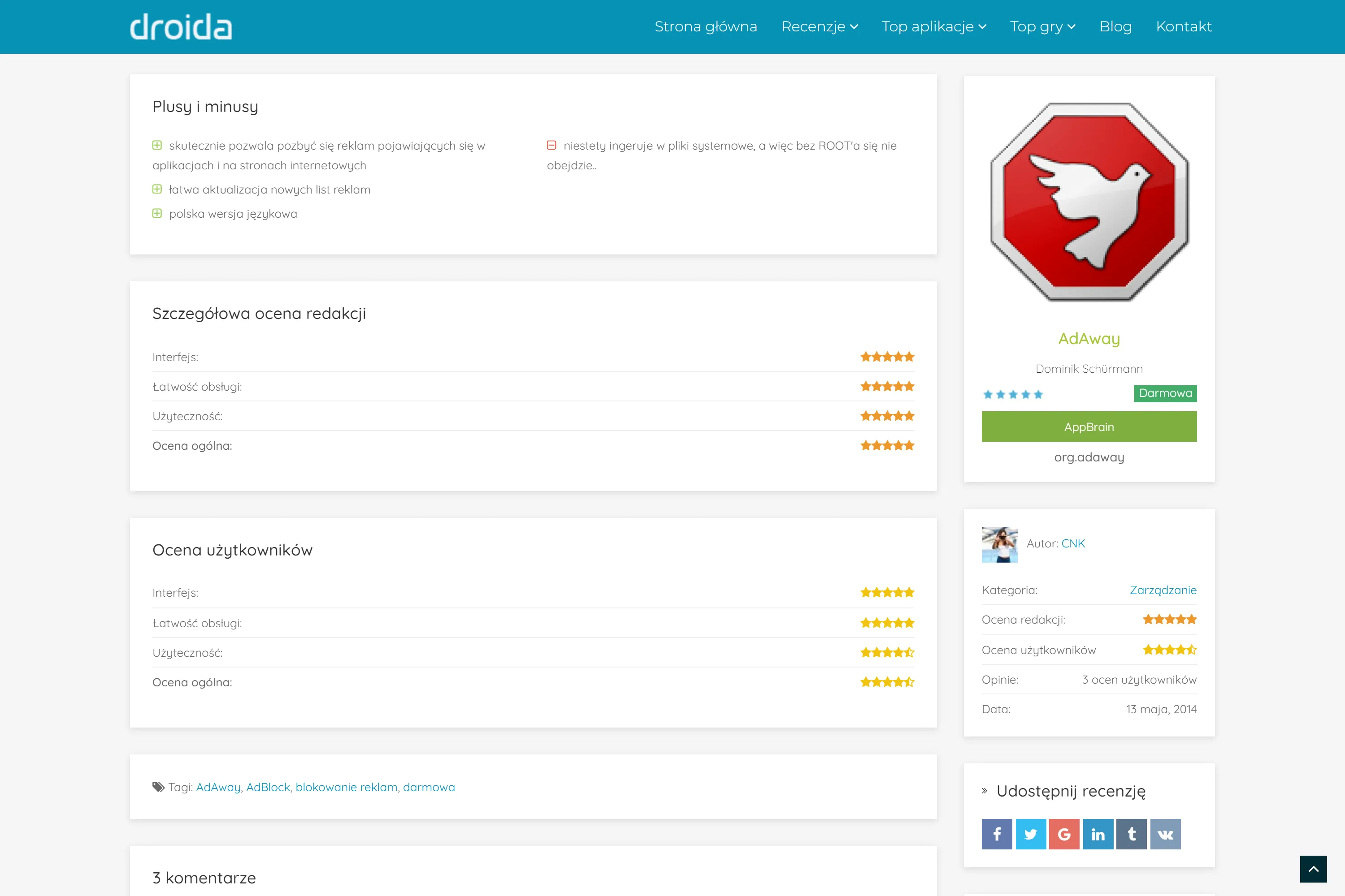 WordPress-powered review site for Android games and apps — featuring ratings, categories, and community content for the Polish mobile market.