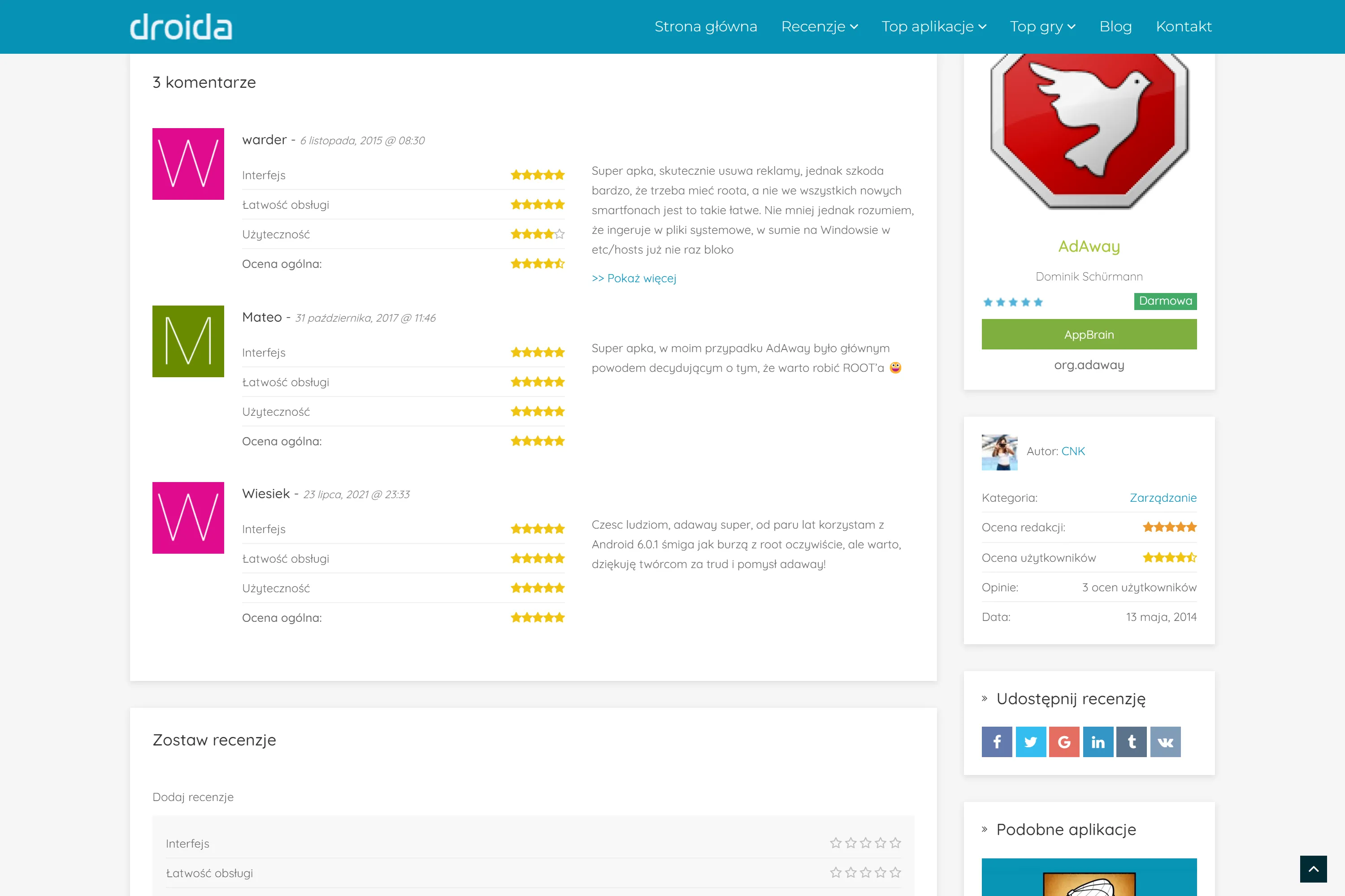 WordPress-powered review site for Android games and apps — featuring ratings, categories, and community content for the Polish mobile market.