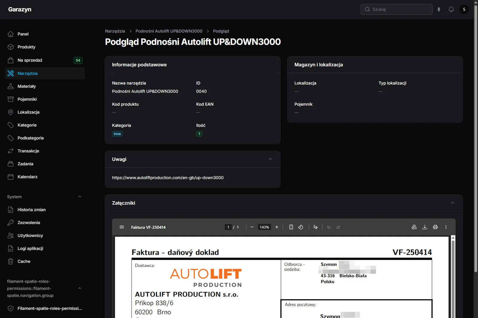 Tool detail view for Autolift UP&DOWN3000 jack — Basic info, Warehouse and location, Notes linking to the manufacturer, and Attachments section with a purchase invoice PDF preview