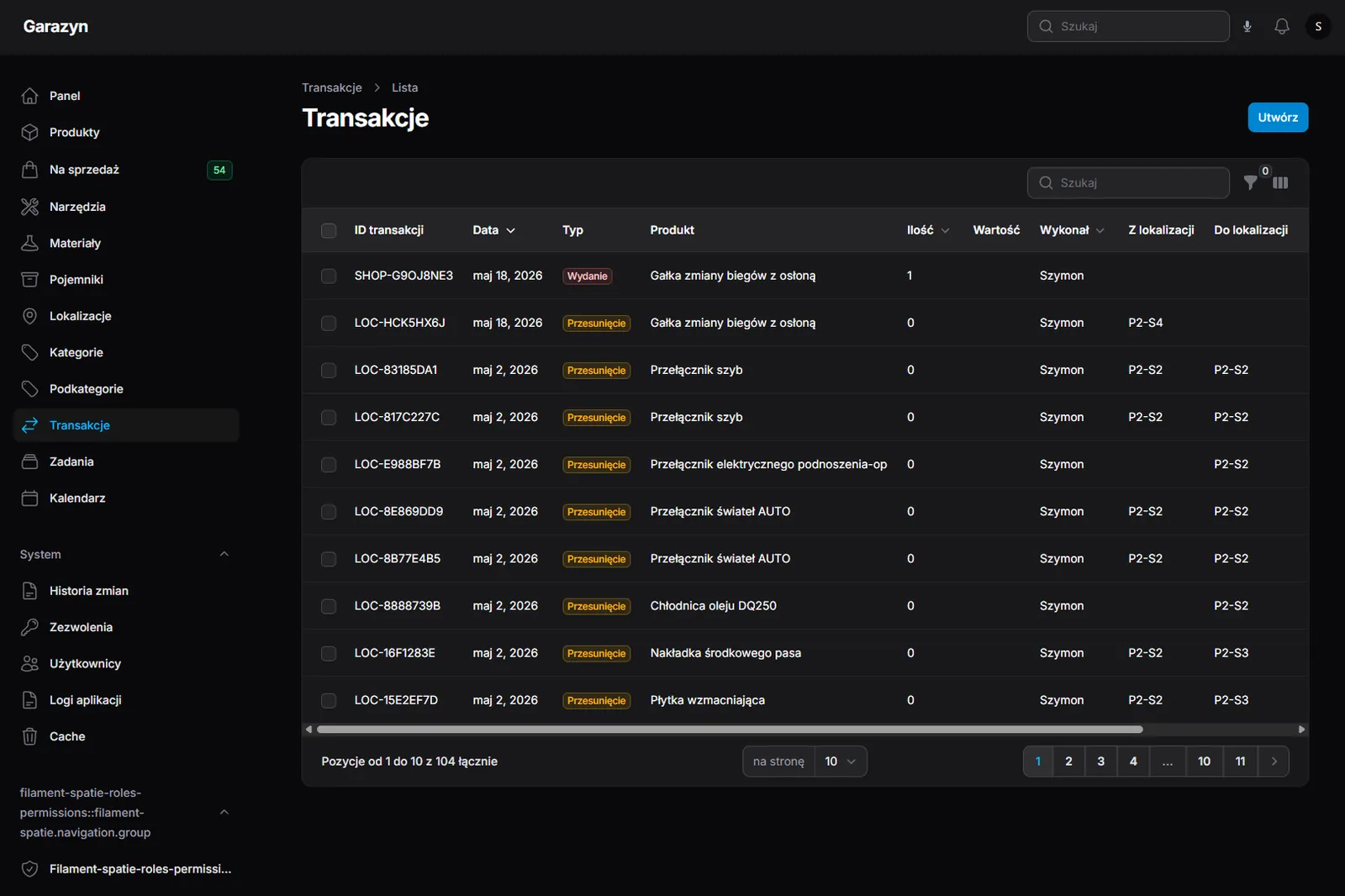Inventory transactions list with Issue and Transfer types, From location / To location columns and an Operator (Wykonał) field