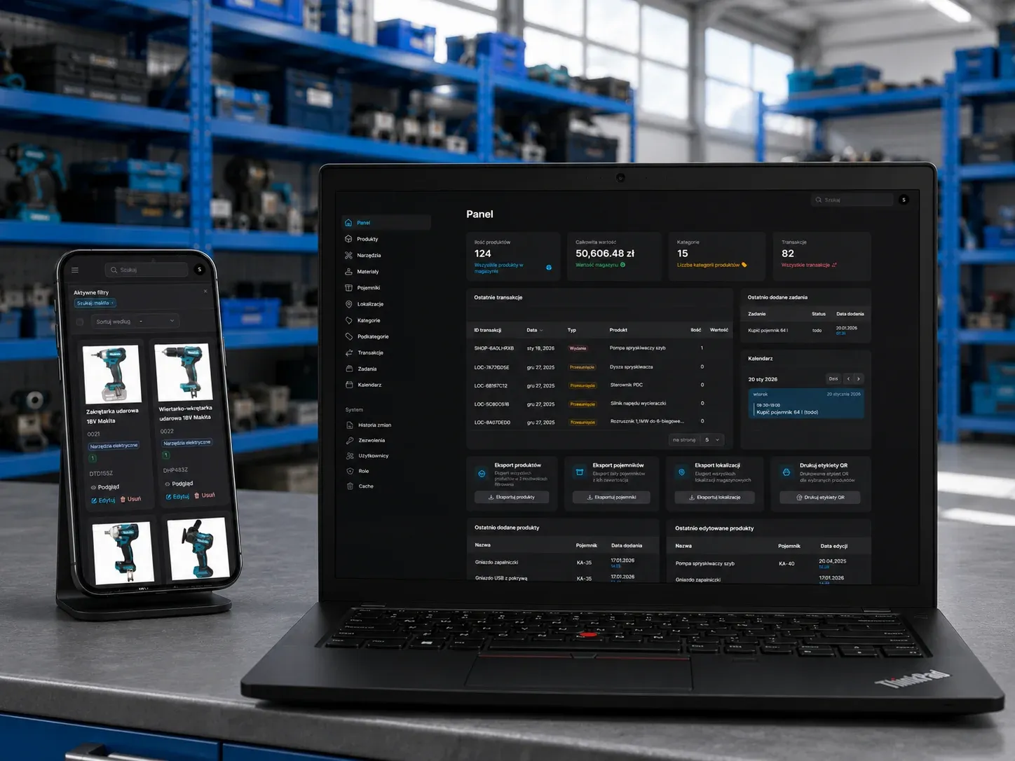 Private warehouse management system for garage and workshop. Features QR code scanning, location tracking and e-commerce integration via REST API.