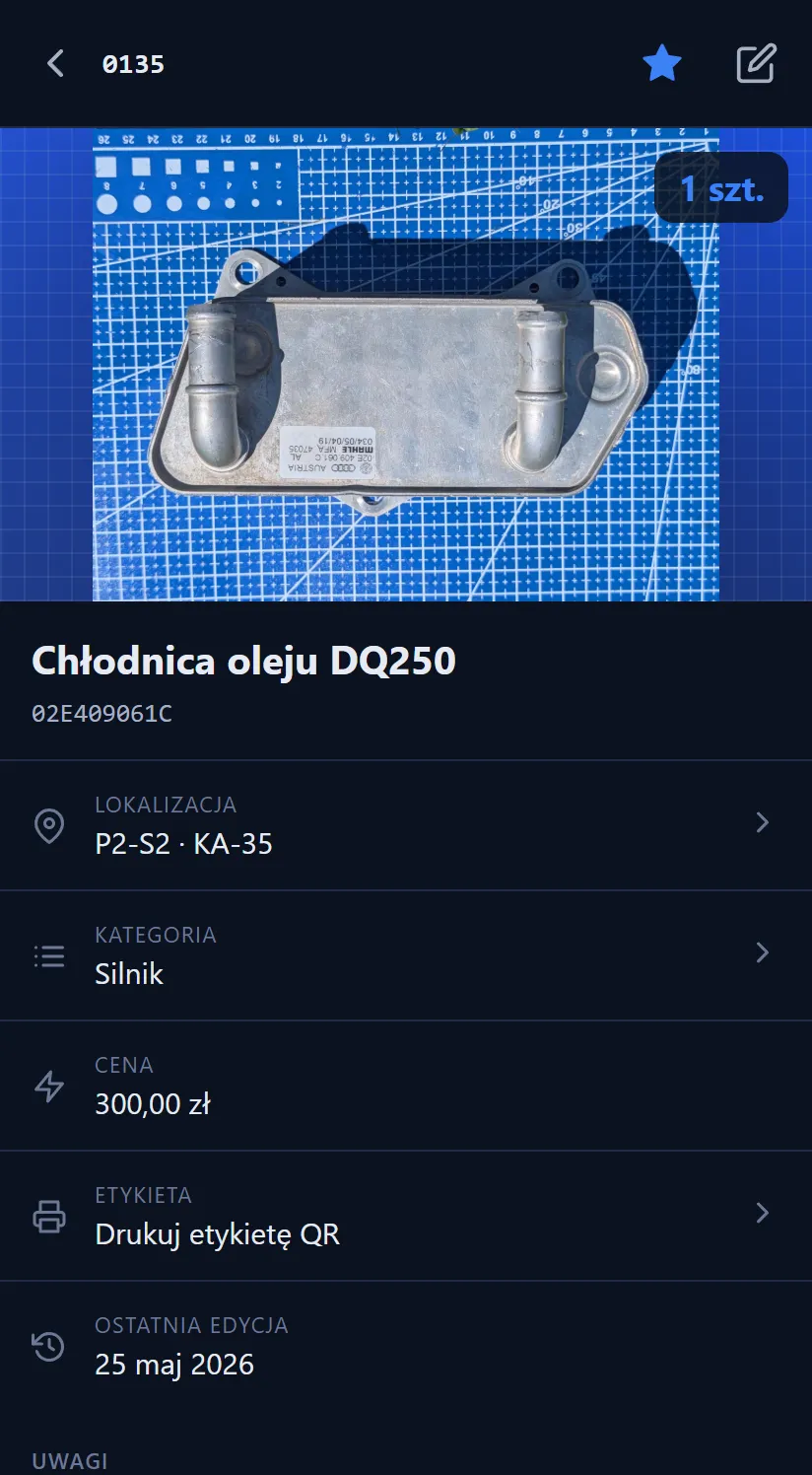 PWA mobile — DQ250 oil cooler detail with location P2-S2·KA-35, Engine category and 300 PLN price