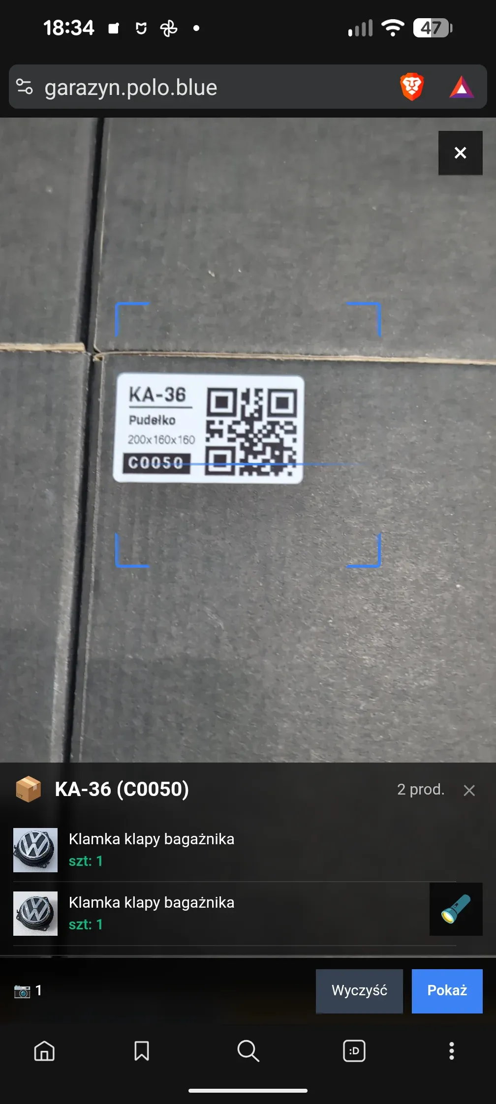 PWA scanner — container KA-38 (C0052) scanned from the cardboard box, panel showing a 2.0 TSI engine mount