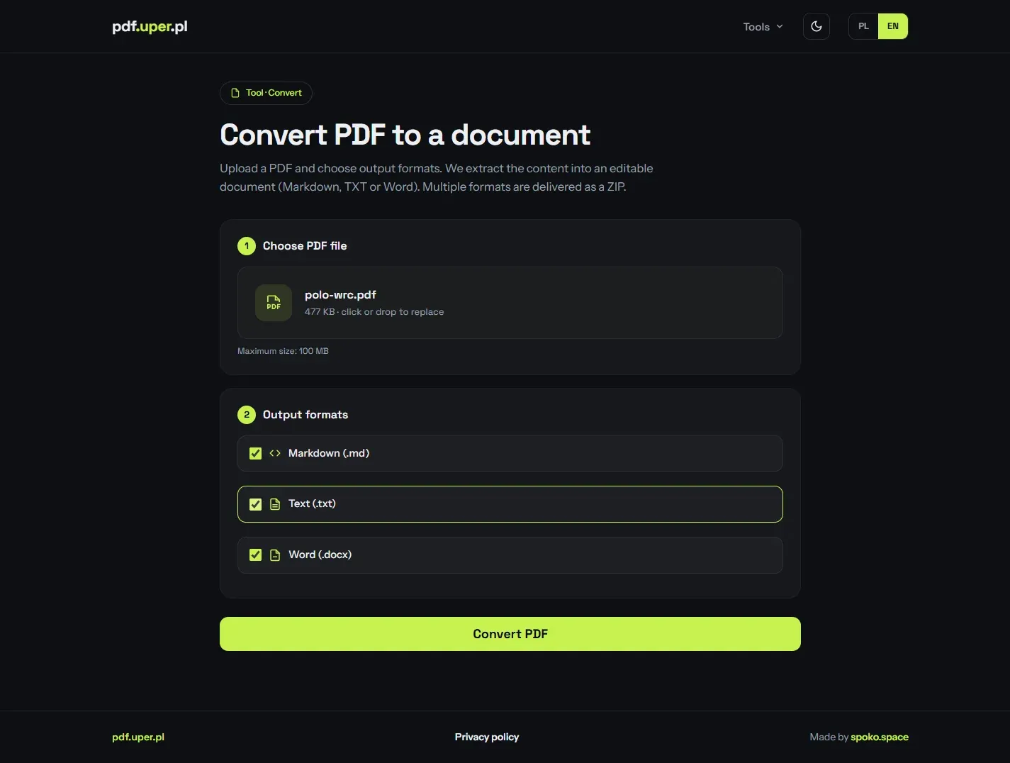 Convert tool — an uploaded PDF with Markdown, Text and Word output formats all selected and a Convert PDF button
