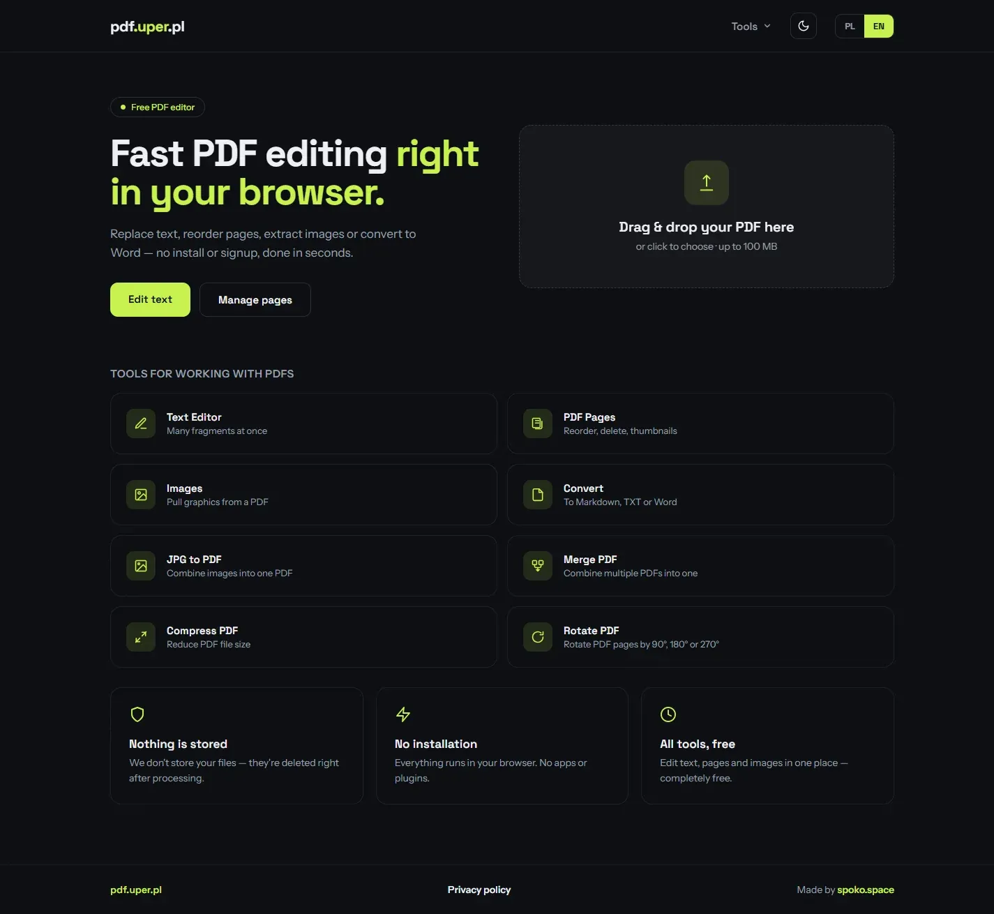 pdf.uper.pl landing page — Fast PDF editing right in your browser, a drag & drop zone and a grid of eight tools: Text Editor, PDF Pages, Images, Convert, JPG to PDF, Merge PDF, Compress PDF and Rotate PDF