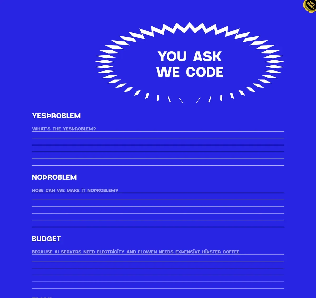 Problem Studio — royal blue with a starburst logo and deliberately raw typography