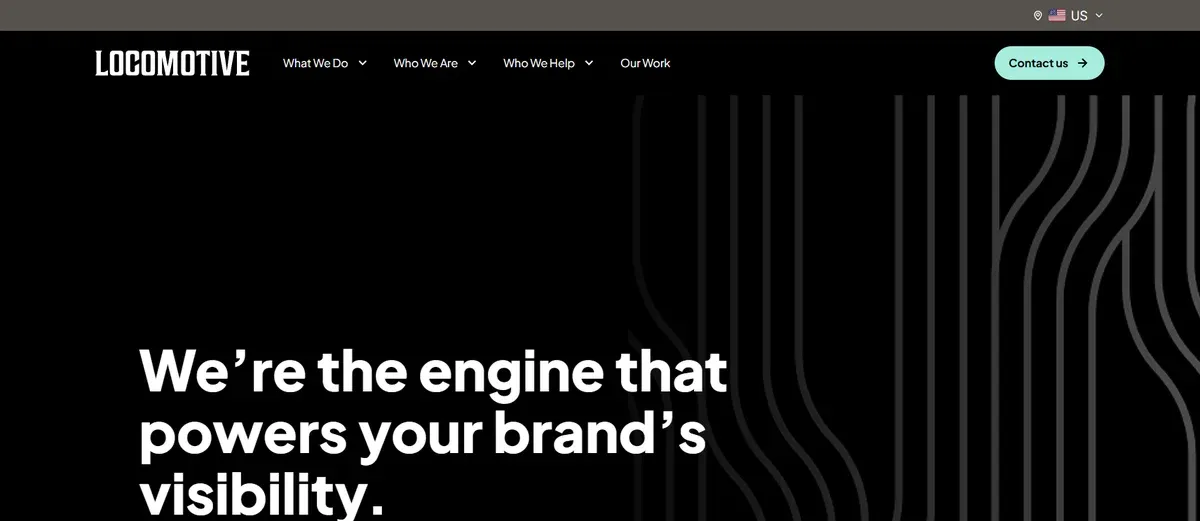 Locomotive — hero section with "We're the engine that powers your brand's visibility." filling the entire viewport