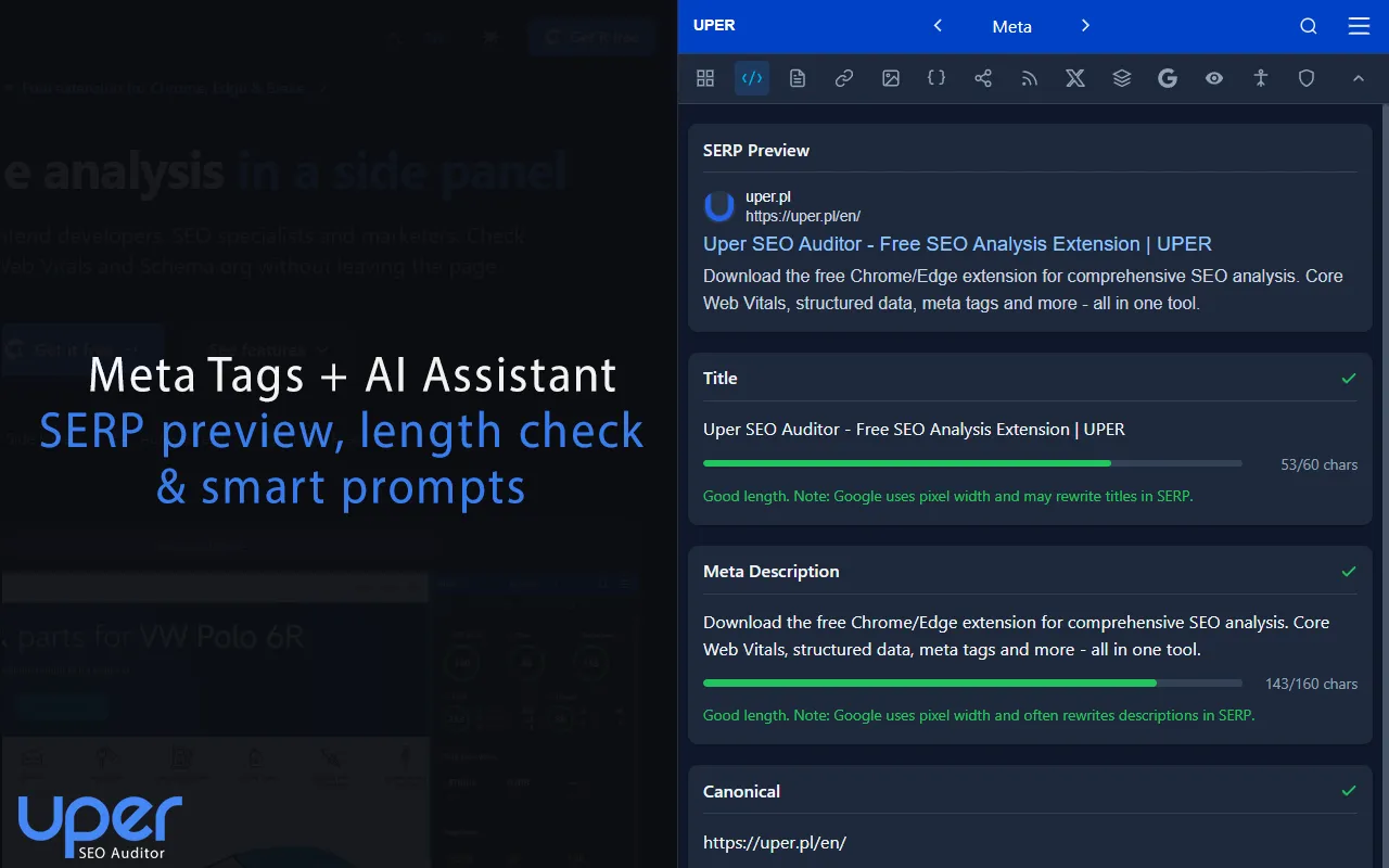 Meta tags validation and SERP preview